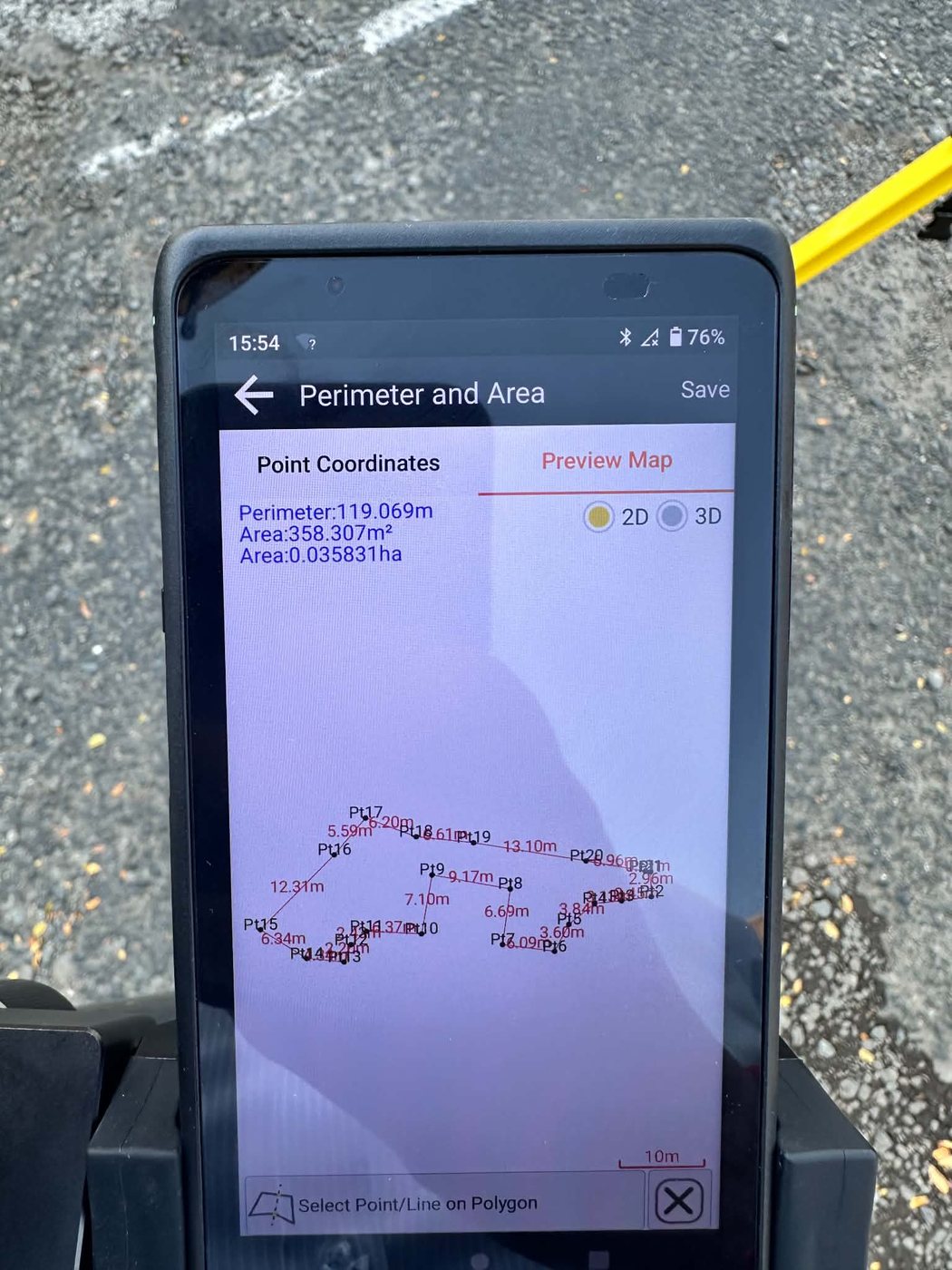 RTK controller showing a surveyed area of 358.3 square metres